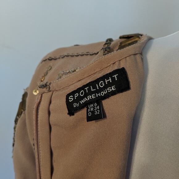 Spotlight by Warehouse Geometric Sequin Beaded 3/4 Sleeve Midi Dress Tan - Picture 3 of 7